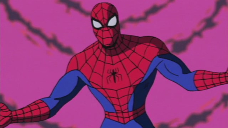 Spider-Man surrounded by purple smoke