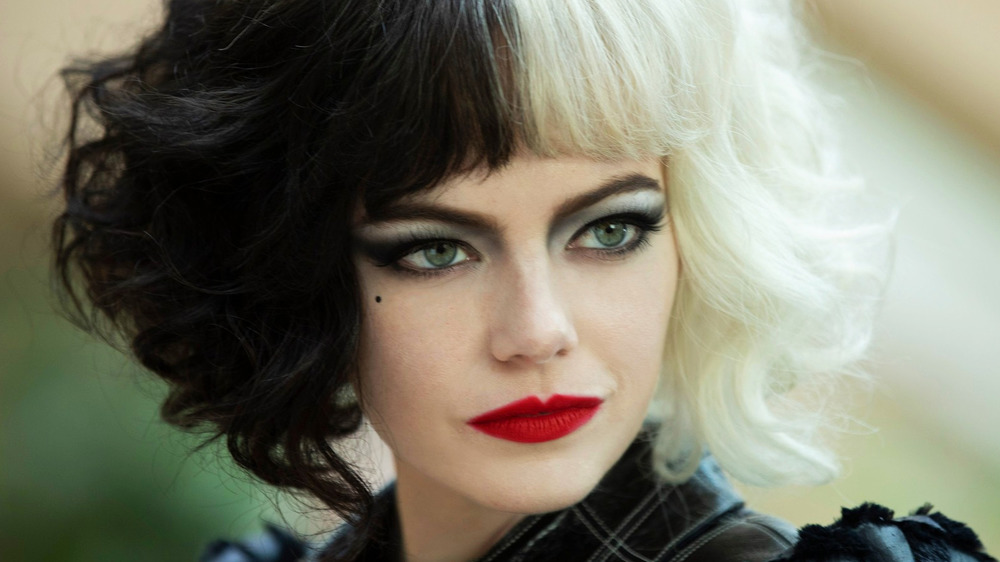 Emma Stone Cruella black and white hair red lipstick