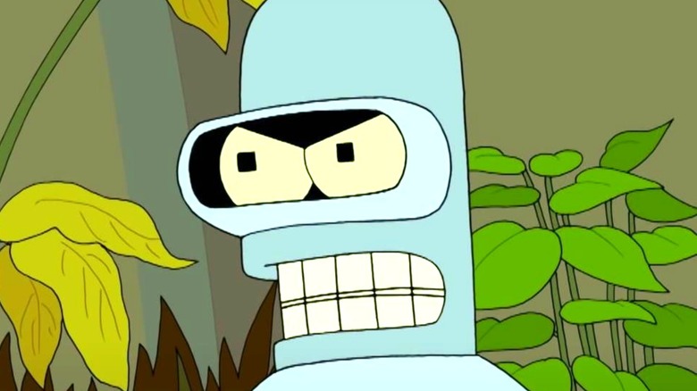 Bender the robot bares his shiny metal teeth on Futurama