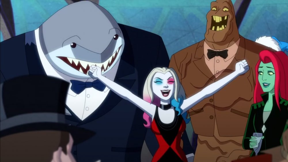 Harley Quinn, King Shark, Poison Ivy, and Clayface in the Harley Quinn animated series