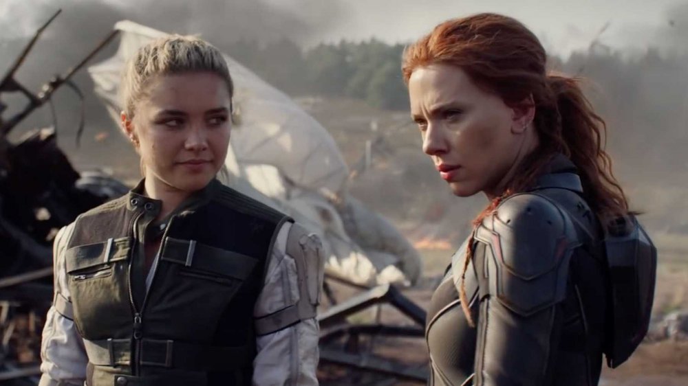 Florence Pugh as Yelena Belova and Scarlett Johansson as Natasha Romanoff in Marvel's Black Widow