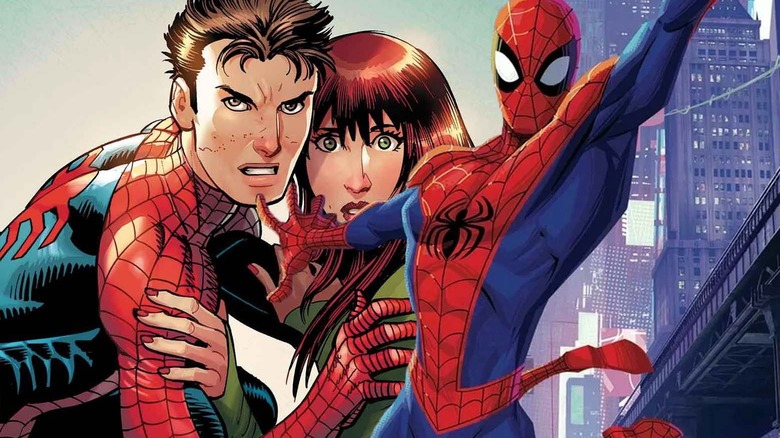 Spider-Man and MJ in comics with Spider-Man from Spider-Verse