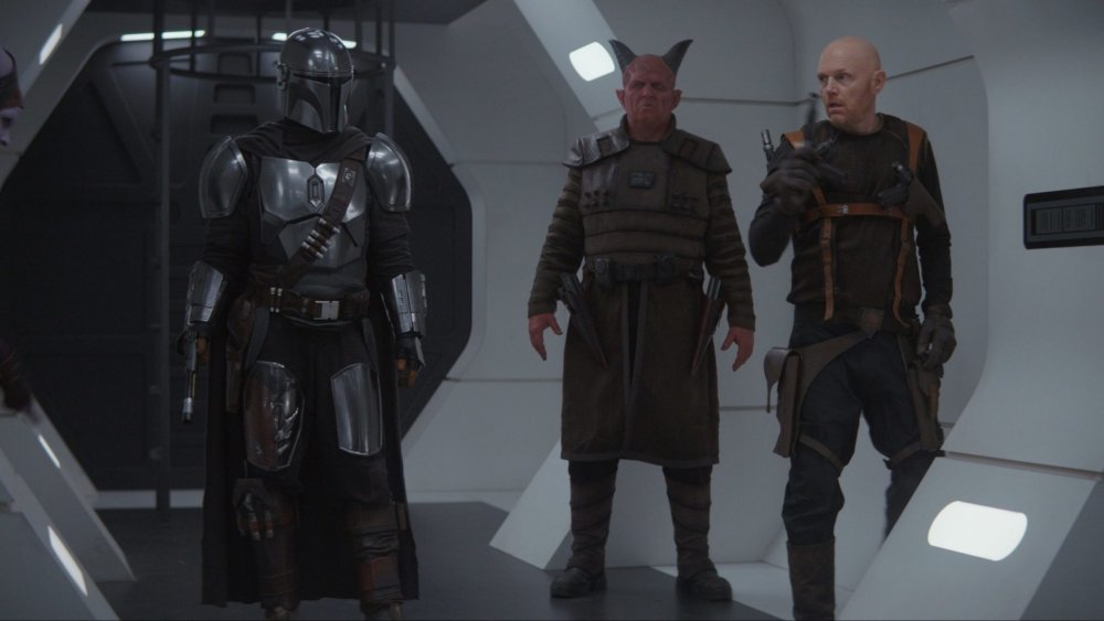 Pedro Pascal as The Mandalorian, with Clancy Brown and Bill Burr as Burg and Mayfield