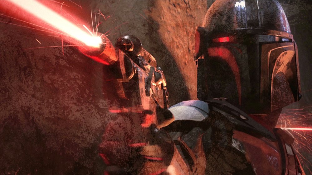 Mandalorian Din Djarin opening fire, from the concept art that closes the first episode of The Mandalorian