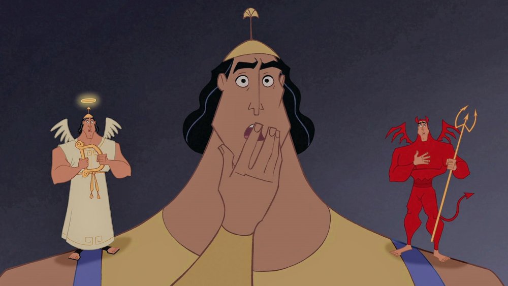 Kronk and his shoulder devil and angel in The Emperor's New Groove