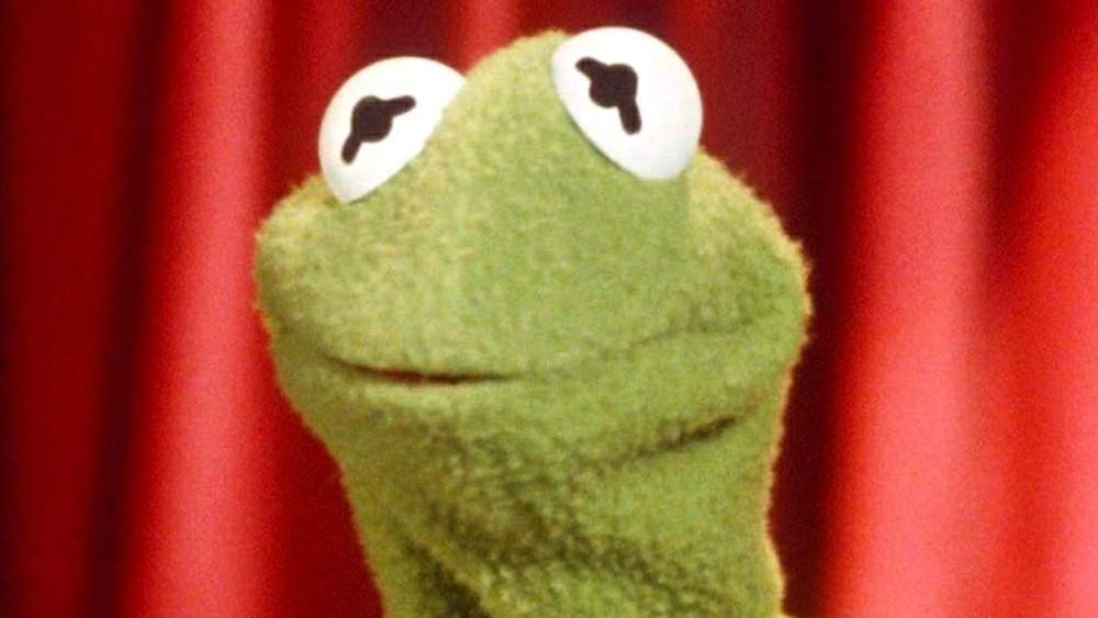 Tight close-up on Kermit the Frog's face