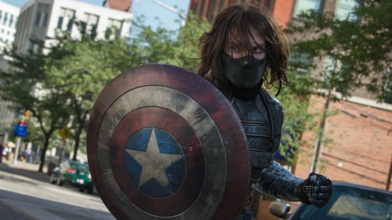 Sebastian Stan as Winter Soldier with Cap's shield in Captain America: The Winter Soldier