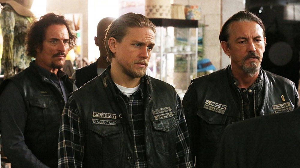Charlie Hunnam, Kim Coates, and Tommy Flanagan as Jax, Tig and Chibs on Sons of Anarchy