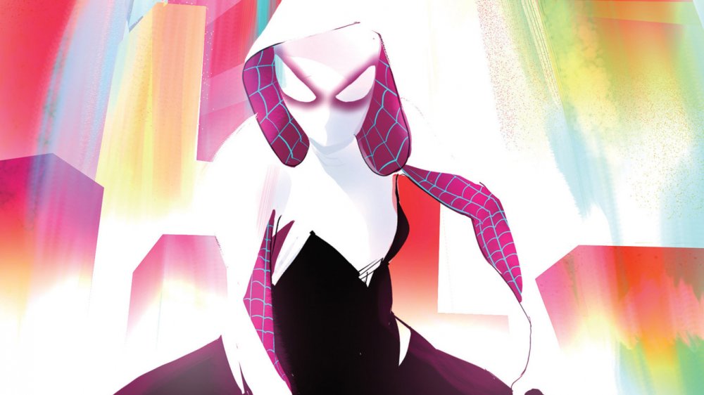Spider-Gwen crouching in pose in front of light