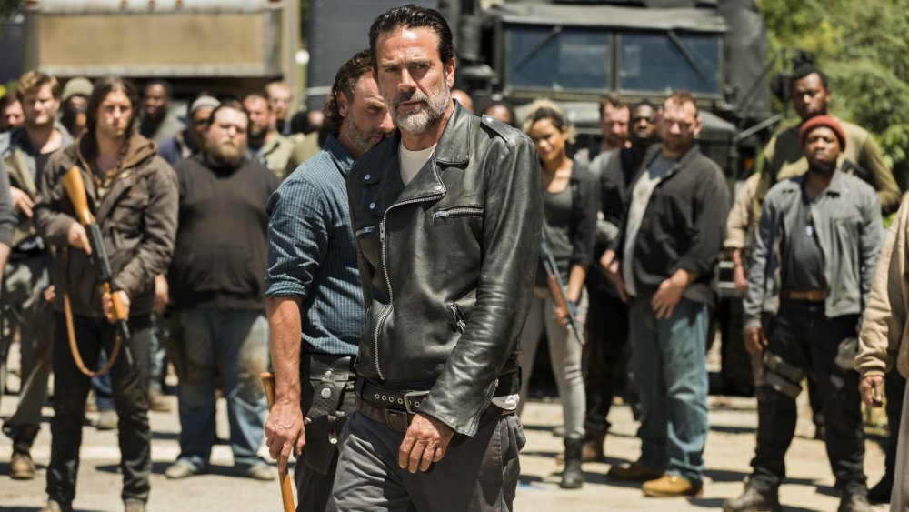 Jeffrey Dean Morgan as Negan leading the Saviors on The Walking Dead