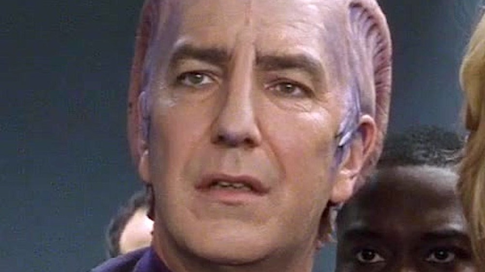 An extreme close-up of Alan Rickman's face in Galaxy Quest