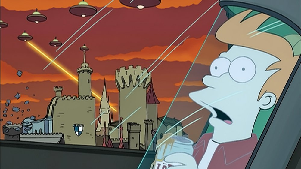 Fry frozen in a cryonic tube as aliens invade in the background in "Futurama"