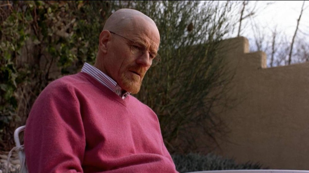 Walter White wearing an out-of-character pink sweater