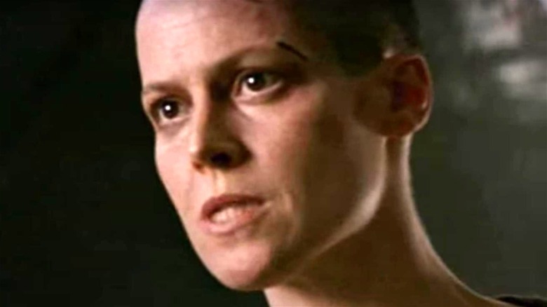 Sigourney Weaver as Ellen Ripley with shaved head in Alien 3